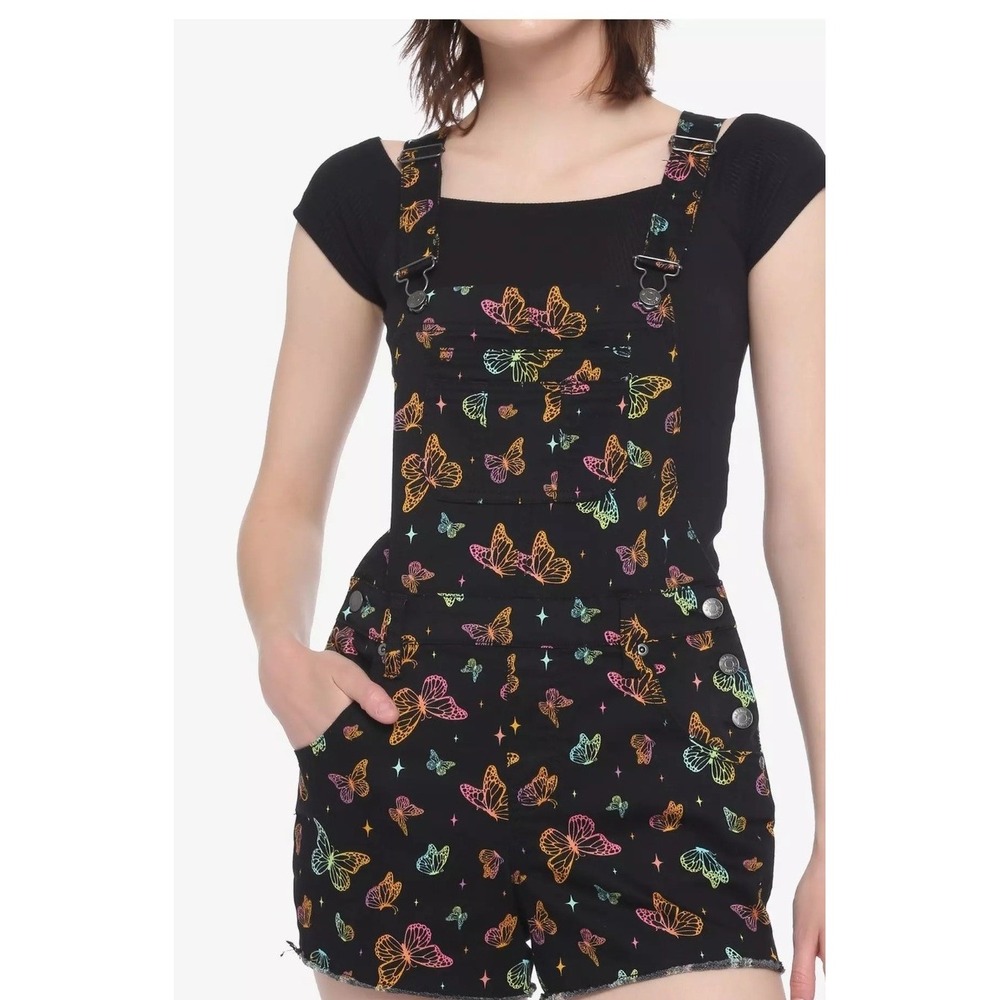 HT Denim Butterfly Shortalls Women XL Black Rainbow Excellent Raw Hem Overalls